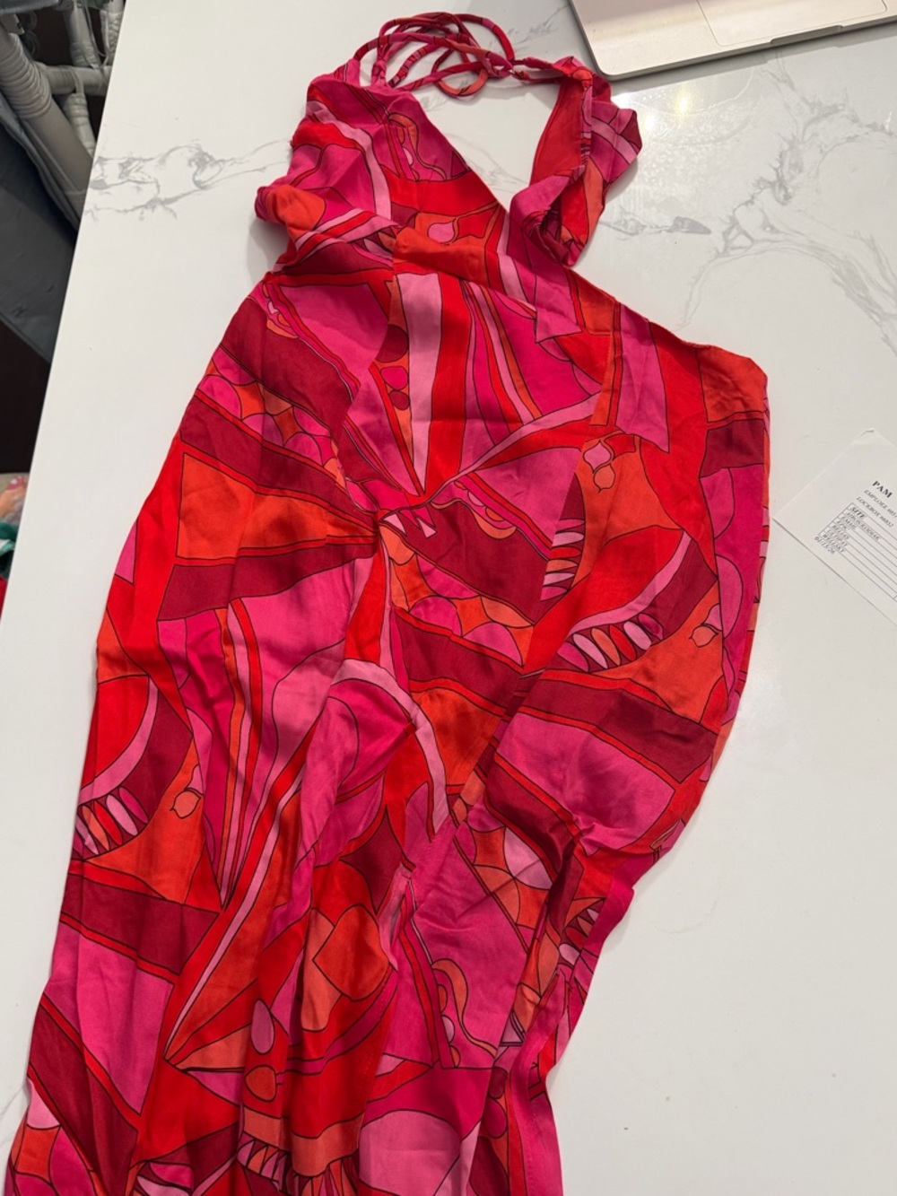 Olivaceous Pink and Orange Groovy Retro Print Halter Midi Dres